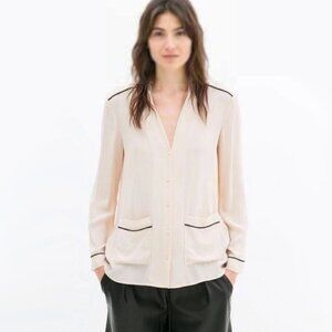 EUC Zara nude pink & black piped trim collarless pajama look blouse, XS